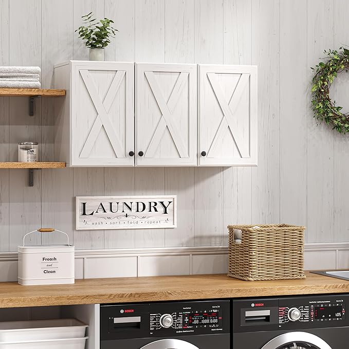 FIMELLO Wall Cabinet, Bathroom Wall Cabinet,Farmhouse Wall Mounted Cabinets for Kitchen Garage Laundry Storage, Medicine Cabinet with 3 Door and Shelves, Laundry Room Wall Cabinets,White Grain