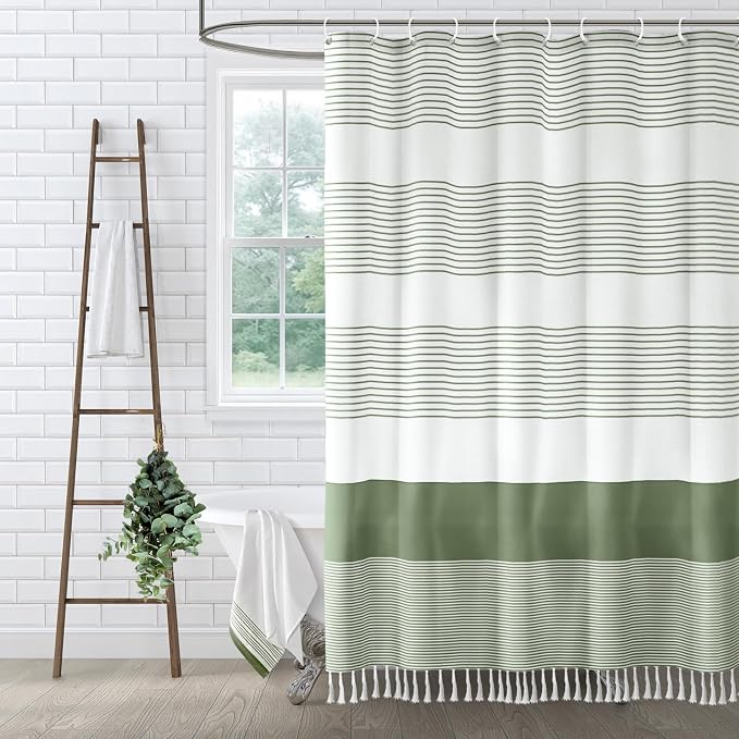 Sage Green Boho Cotton Striped Shower Curtain with Tassel 72"W X 78"L | Long Boho Farmhouse Shower Curtains for Bathroom with Soft Cotton Feel