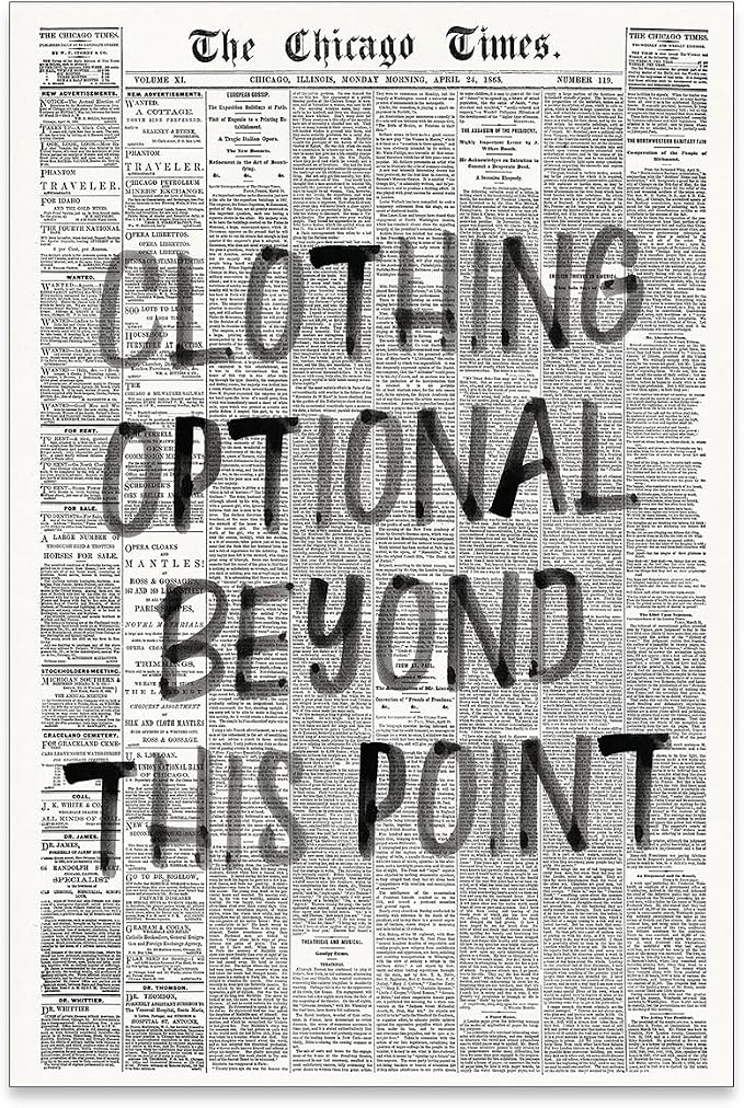 Haitunone Funny Bathroom Newspaper Poster Funky Black and White Aesthetic Wall Art Clothing Optional Fun Quotes Canvas Prints for Toilet Lavatory Wall Decor 24X36 inch Unframed