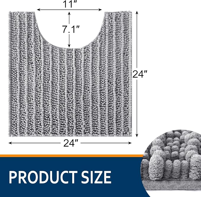 Smiry Bathroom Toilet Rugs U Shaped 24x24, Chenille Bath mats for Toilet | Grey Extra Soft Absorbent Non Slip Rubber Backing Contour Bath Rugs for Toilet, Machine Washable Contoured Bath Mats