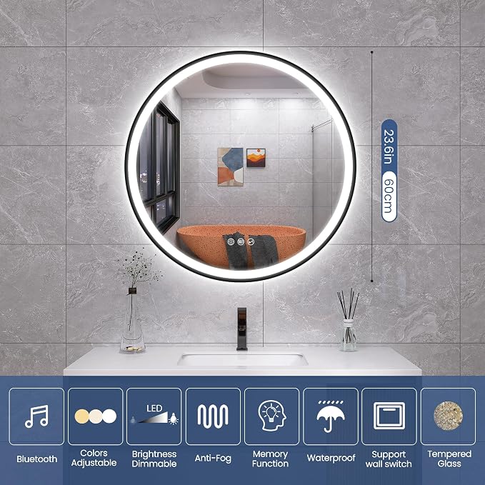 STARLEAD 24" Black Frameless Round LED Bathroom Mirror with Bluetooth Speaker, Dimmable Lighting, 3 Color Modes, Anti-Fog, Touch Control Wall Mounted Vanity Mirror