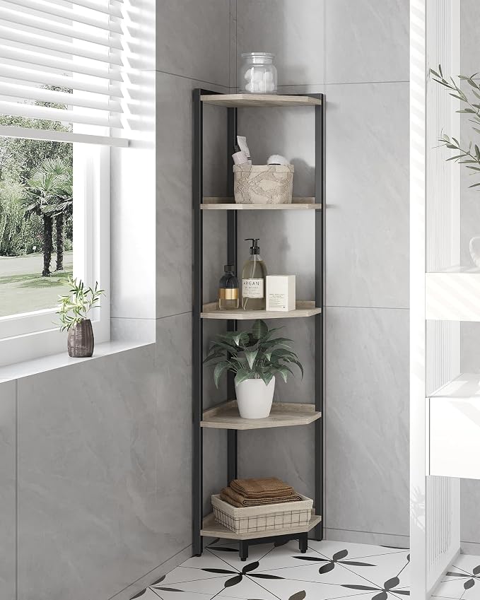Hzuaneri Corner Shelf Stand, Corner Bookshelf with Metal Frame | Storage Standing Shelf Unit Plant Stand, Bookcase for Living Room, Home Office, Bedroom, 5-Tier Greige CS05905B