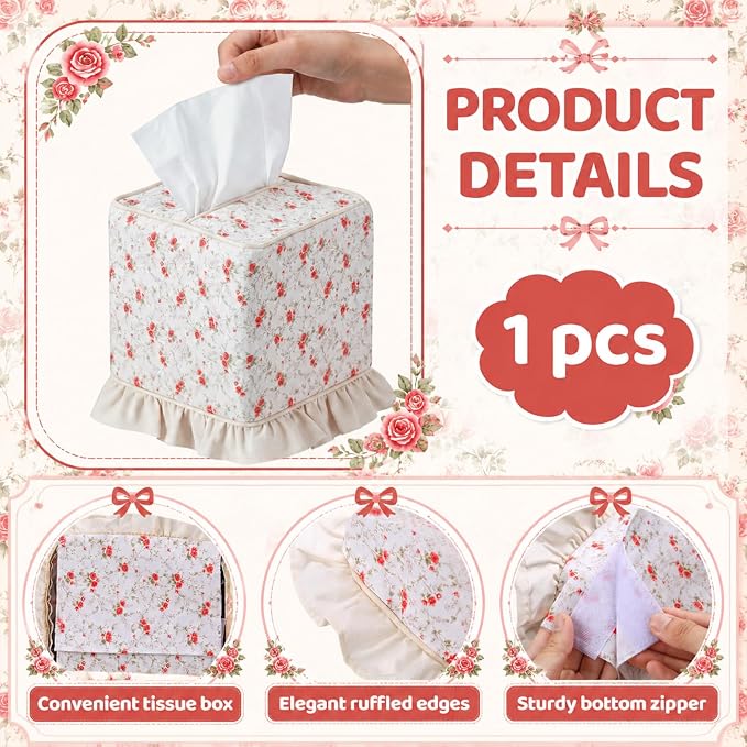 Hushee Cottagecore Ruffle Tissue Box Cover Floral Print Tissue Box Handmade Cotton Square Napkin Holder for Home Bedroom Living Room Bathroom Vanity Countertop Car Office Kitchen(Pink)