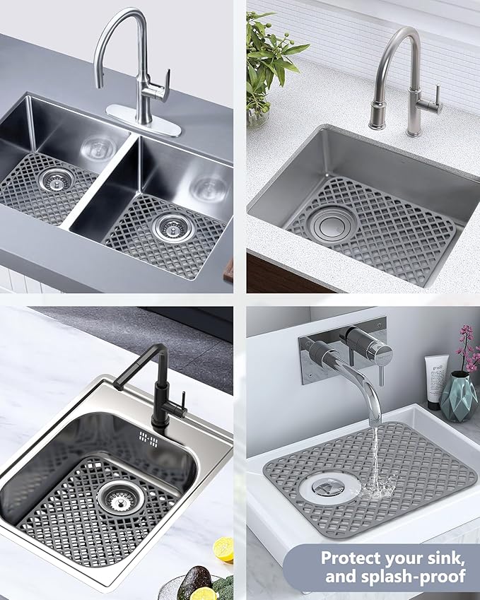 2 Pack Silicone Sink Protectors for Kitchen Sink, Trellis 13x11 Gray | Heat-resistant Non-Slip and Durable Silicone Grid Mat, 13-9/16" x 11-5/8" Rear Drain