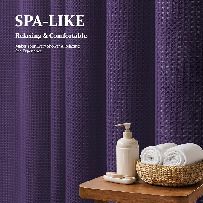Long Waffle Shower Curtain 256 GSM Heavy Fabric 72x78 Purple | 78 Inch Long, Thick Polyester Cloth, Weighted Hem, Water Repellent, Washable, Tall Hotel Bathroom Shower Curtain Set 12 Hooks