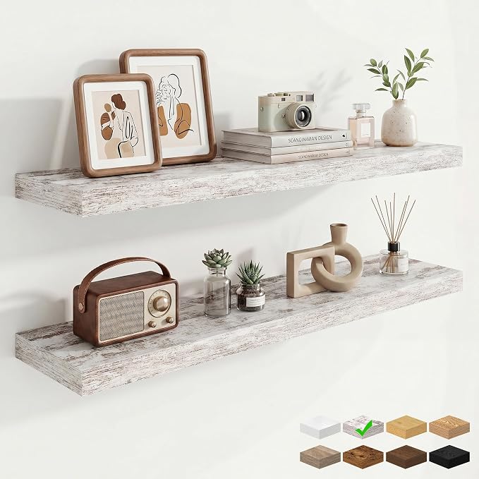 9.25in Depth 40in Floating Shelves, 40x9.25x1.4, Vintage White, Set of 2 | Wall Mounted Engineered Wood Shelves, Invisible Brackets for Living Room, Bedroom, Bathroom, Kitchen Decor and Storage