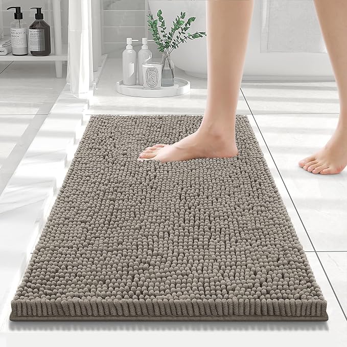 Smiry Bathroom Rugs 24X16, Luxury Chenille Extra Soft Absorbent Bath Mat | Latte, Machine Washable Non-Slip Plush Bath Mats for Bathroom, Tub, Shower, and Floor, Home Decor