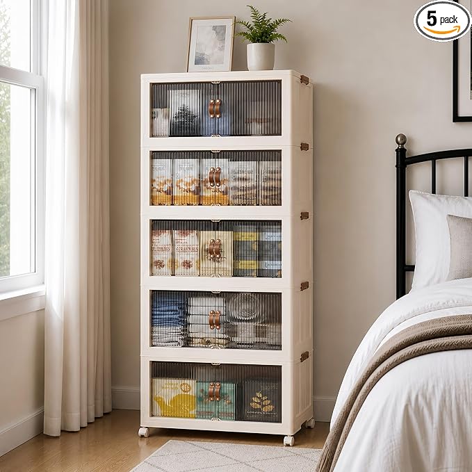 SAILUN 580Qt Stackable Storage Bins,Storage Cabinet a Lid,5Pack Blush White | Stackable Storage Drawers with Lids,26" W x 17" D x 71" H,Featuring open-front Access for Closet Storage
