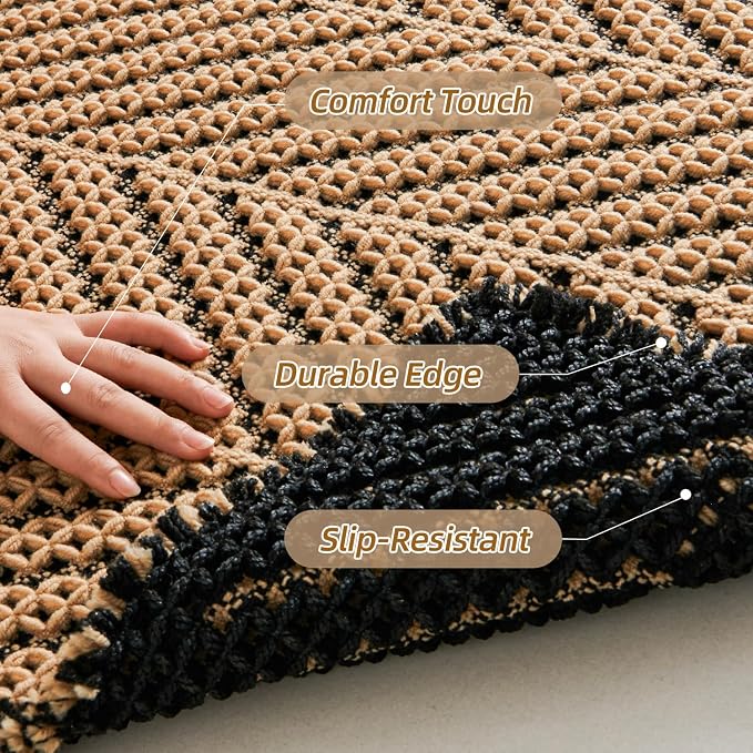 Sunfly Waffle Bath Mat, Boho Bathroom Rugs Non Slip Washable Super Absorbent Quick Dry Bath Mat Farmhouse Bathroom Decor, 24"x48" Black &Khaki
