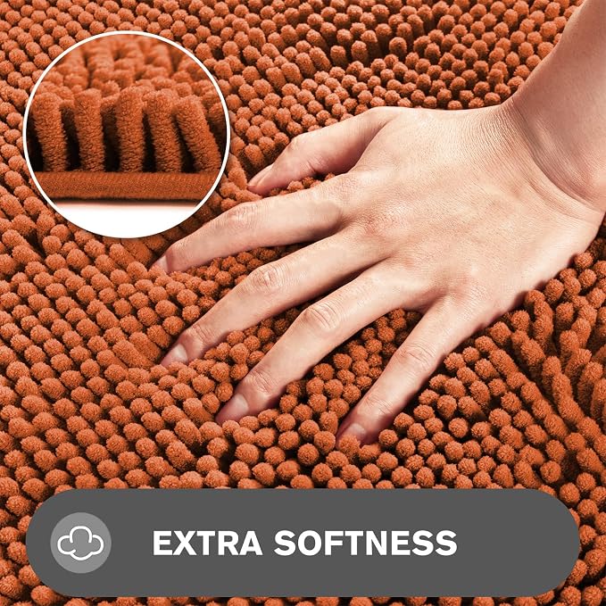 Burnt Orange Bathroom Rugs – Absorbent and Washable Bath Mat, Non-Slip, Thick Soft Chenille Bath Rugs for Bathroom Floor, Shower, Sink - 17" x 24"