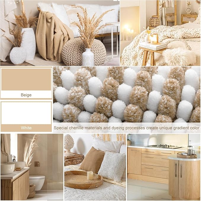 Bathroom Rugs and Mats Sets, 2 Piece Thick Absorbent Chenille Bath Mat Rug Set Non Slip, Soft Shaggy Bath Floor Mats for Bathroom, Machine Washable (20" x 47" Plus 16" x 24", Beige)