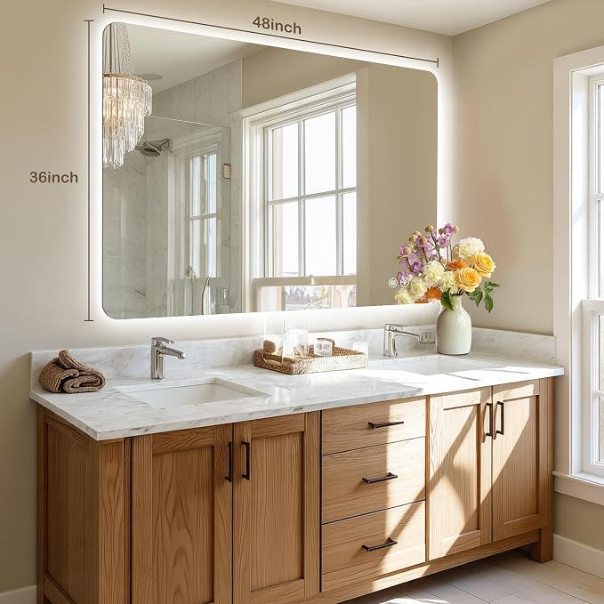 48''x36'' Lighted Mirrors for Bathroom Wall Backlit Rectangular Rounded Corners, LED Bathroom Mirror Frameless with Lights Anti Fog, Dimmable, 3 Colors,Tempered Glass, Shatter-Proof (Color 2)