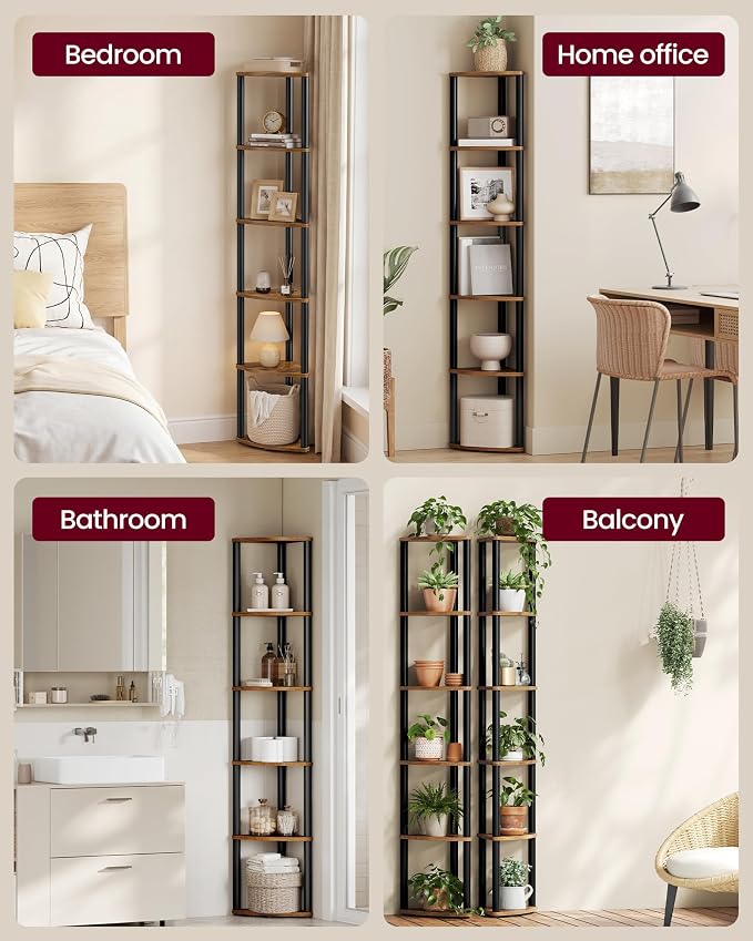 VASAGLE Corner Shelf, Superfast Toolless Assembly, 6-Tier Corner Standing Shelf, Corner Shelf Stand, Living Room, Bedroom, Kitchen, 15.1 x 10.6 x 68.3 Inches, Rustic Brown ULBC660KD02