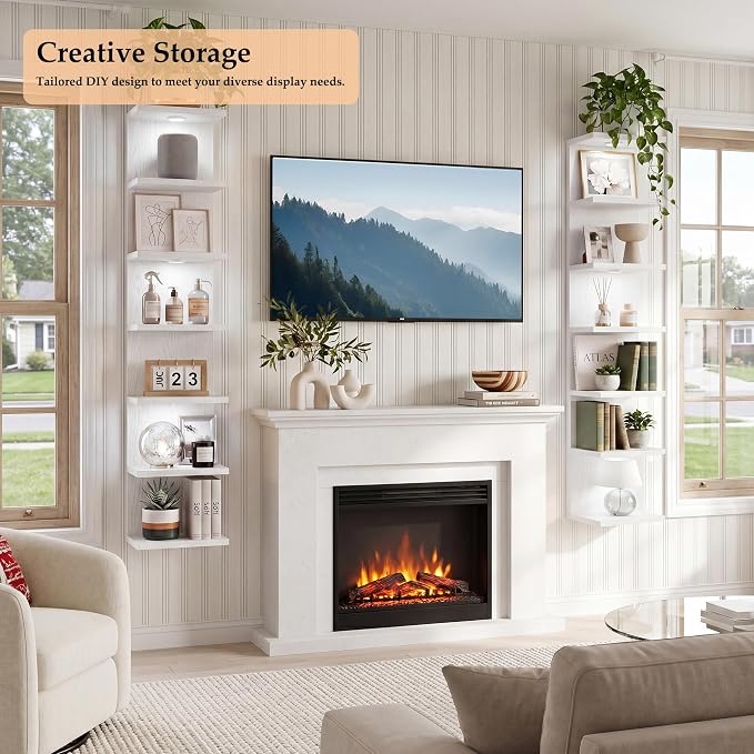 7-Tier Floating Shelves for Wall, Corner Shelf with LED Lights Lack Shelf for Home Organizer Display, Space-Saving, for Kitchen, Living Room, Bedroom, Modern, White