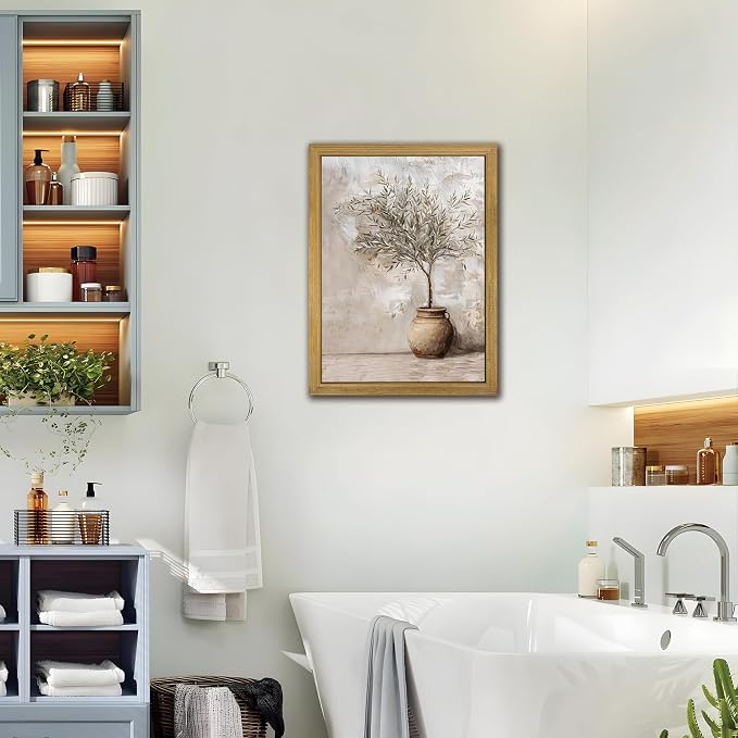 Vintage Olive Tree Canvas Wall Art, Farmhouse Aesthetic Oil Painting, Rustic Potted Plant Wall Decor, Neutral Botanical Print Artwork Picture for Living Room Kitchen Home Decor 12x16 Inch Framed