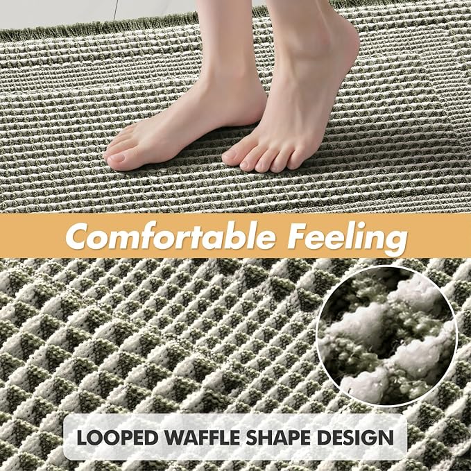 MIULEE Set of 2 Waffle Bathroom Rugs Green&Cream Boho Bath Mat 17x24+18x30 | Looped Design, Super Absorbent, Non Slip, Washable, Ultra Soft, Rubber Backed, Bathroom Mats for Floor Tub Shower