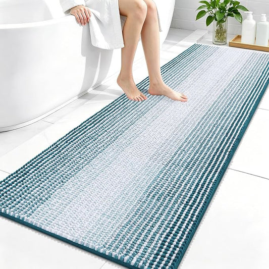 OLANLY Bathroom Runner Rugs 59x24, Chenille Striped Bath Rugs, Peacock Blue | Extra Soft Absorbent, Rubber Backing, Machine Wash Dry, Bath Mats for Bathroom Floor, Tub and Shower, Home Decor Accessories