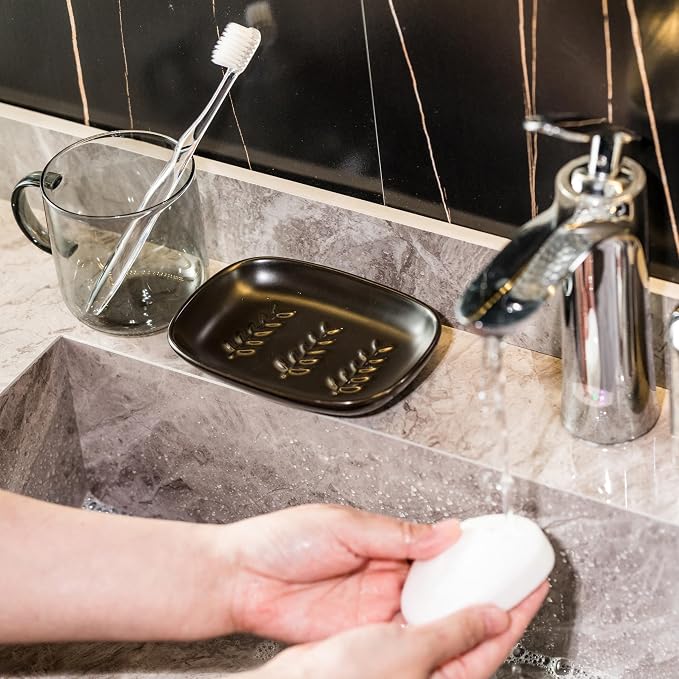 Miamolo Soap Dish for Bathroom, Bar Soap Holder for Shampoo Bars, Sponges | Raised Ridges Drain, Soap-Saving | Ceramic Soap Sver Dishwasher Safe, Fit 1-2 Large Bars | Bath Counter & Kitchen Sink, Black