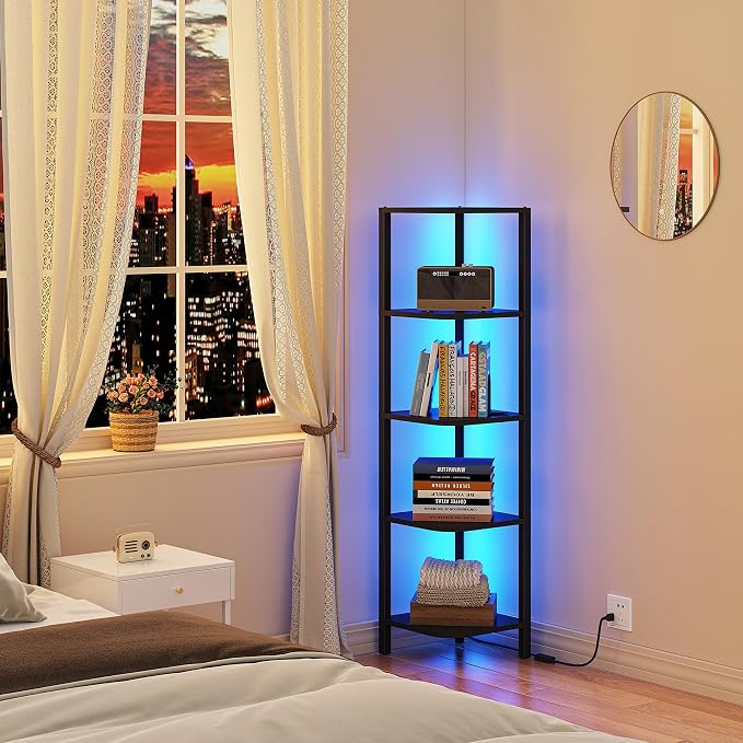 TUTOTAK Corner Shelf with LED Light, 5-Tier Corner Bookshelf | for Small Space, Narrow Display Corner Shelf Stand with Storage Rack, for Living Room, Bedroom, Black BS08BK005L