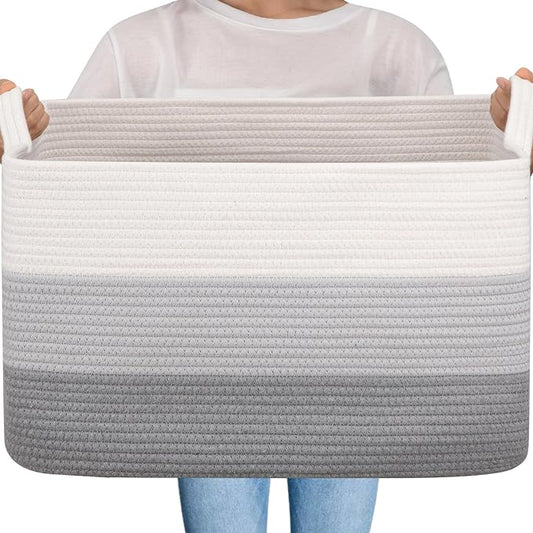 OIAHOMY Large Blanket Basket, 65L Cotton Rope Woven Laundry Basket, Toy Bin for Baby Room, Container for Blanket Storage in Living Room, 20''×16''×12'', Gradient Grey