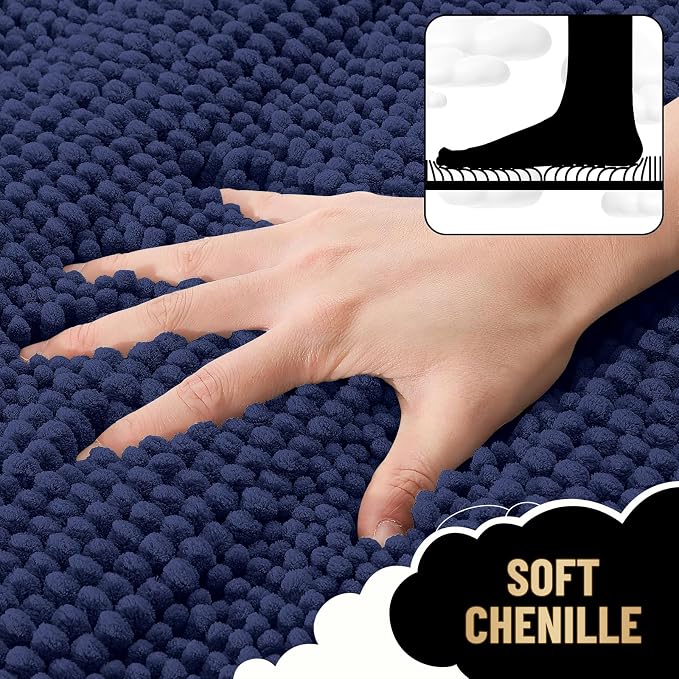 OLANLY Small Bathroom Rugs 24x16, Chenille Bath Rugs, Twilight Sapphire | Rubber Backing, Machine Wash, Extra Absorbent Striped Bath Mats for Bathroom Floor, Tub and Shower, Home Decor Accessories