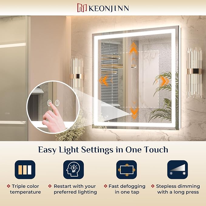Keonjinn 48x30 Inch LED Bathroom Mirror with Lights, Frontlit & Backlit | HD Tempered Grass, 3-Color Temperature & Stepless Dimmable Lighting, Fast & Safe Defogging, Effortless Installation