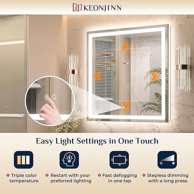 Keonjinn 30x36 Inch LED Bathroom Mirror with Lights, 3-Color Temperature | HD Tempered Grass, Frontlit & Backlit & Stepless Dimmable Lighting, Fast & Safe Defogging, Effortless Installation