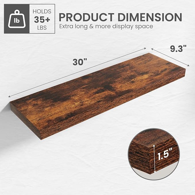 30 in Floating Shelves for Wall Decor Color Brown,Pack 2 | Modern floating shelves for living room,bedroom,kitchen and bath.Organize & display books,photos and decor.easy mount,sturdy.
