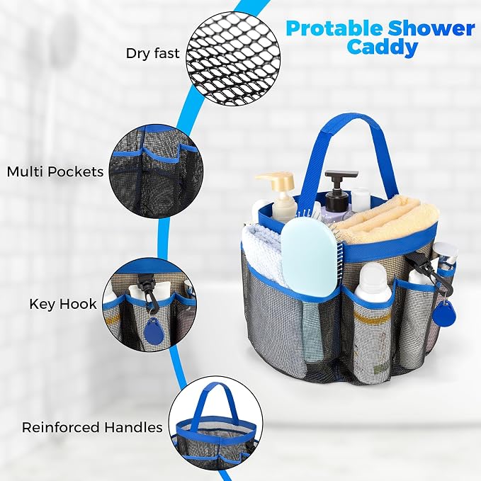Mesh Shower Caddy Portable for College Dorm Room Essentials with 8-Pocket Large Capacity,Quick Dry Shower Bag for Bathroom, Beach,Gym