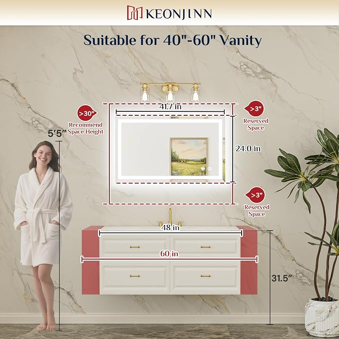 Keonjinn 40 x 24 Inch Beveled Lighted Bathroom Mirror, Frontlit and Backlit | HD Tempered Glass, LED Bathroom Mirror with Light, 3000K/4500K/6000K, Fast Defogging, Stepless Dimmable, Memory Function