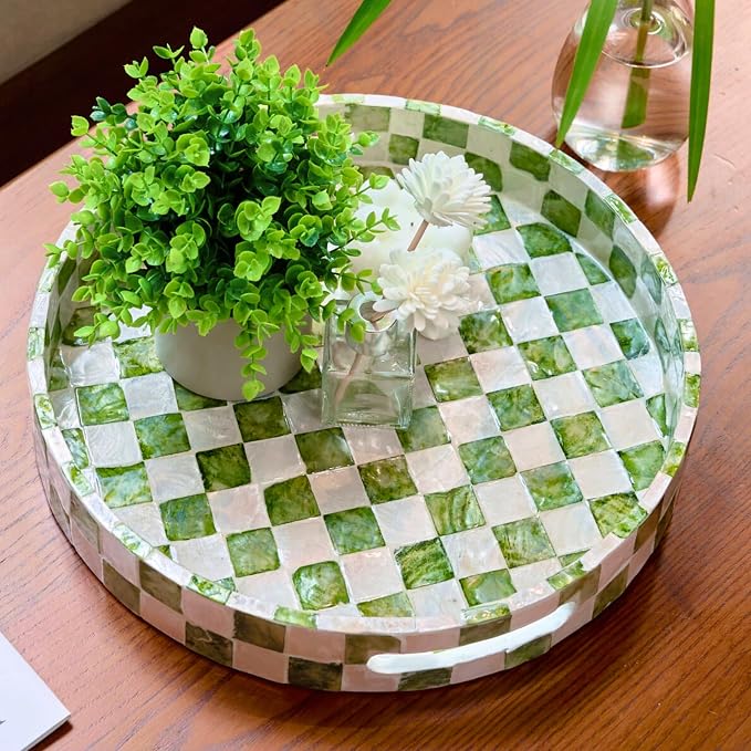 16"x12" Capiz Serving Tray, Decorative Coffee Table Tray, Green | Natural Capiz Shell Hand-Inlaid Green Serving Tray, Decorative Tray For Coffee Table, Kitchen Counter, Bathroom, Home Decor