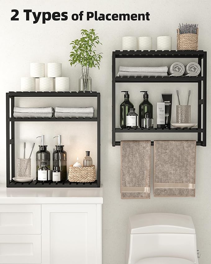 Galood Over The Toilet Storage Bathroom Shelves Wall Mounted 3 Tier Black-L | Space Saver Corner Shelf Organizer Bamboo Towel Rack Toilet Paper Cabinet with Hanging Rod