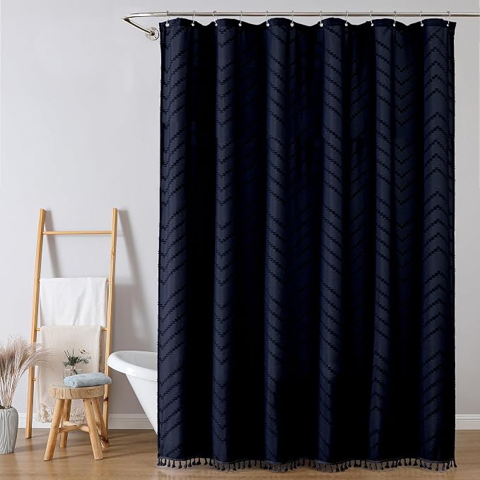 Extra Long Navy Blue Boho Shower Curtain, Chic Tufted Chevron Striped Textured Fabric Cloth Shower Curtains with Tassel for Bathroom, Soft Hotel Style Farmhouse, Machine Washable, 72x84