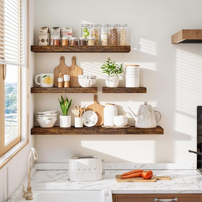 Vivelove Floating Shelves 9 inch Deep 36”Long Set of 2, Rustic Brown | Easy Install With Hardware, 1.5" Thick, Invisible Brackets, Wall Mounted, No Sagging, For Any Room