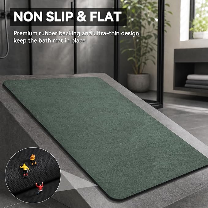 MontVoo -Bath Mat Rug-Rubber Backing Non Slip Quick Dry Absorbent Thin Bathroom Rugs Fit Under Door-Faux Suede Surface Bathroom Floor Mats-Shower Rug for in Front of Bathtub Shower Green 20"x32"