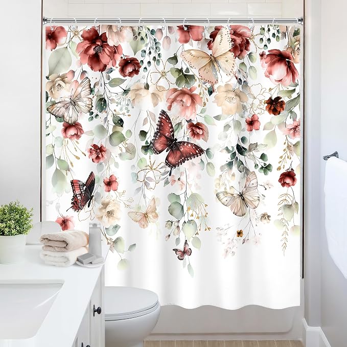 Red Floral Butterfly Summer Spring Plant Bathroom Shower Curtain Set | 72"W x 72"L Natural Gold style, clear shower print, fast-dry fabric and hooks for a simple bath update.