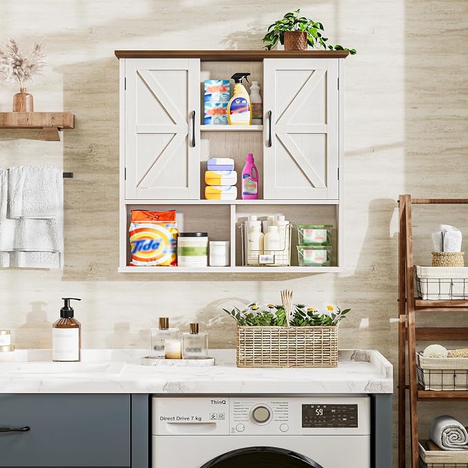 Vabches Bathroom Wall Cabinet, Farmhouse Medicine Cabinet with Double Barn Door and Adjustable Shelves, Wooden Vintage Storage Cabinet Wall Mounted for Bathroom, Kitchen Dining, Rustic White
