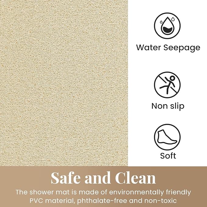 SoftDuo Shower Mat Bathtub Mat Non-Slip Soft Tub Mat | 32x24 inch,PVC Loofah Bath Mat with Drain for Tub and Bathroom,Quick Drying,Khaki