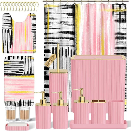 Bathroom Set - Bathroom Accessory Set, Pink Bathroom Set, 26PC Bathroom Sets with Shower Curtain and Rugs, Toilet Brush, Trash Can, Qtip Holder & Bathroom Soap Dispenser Set