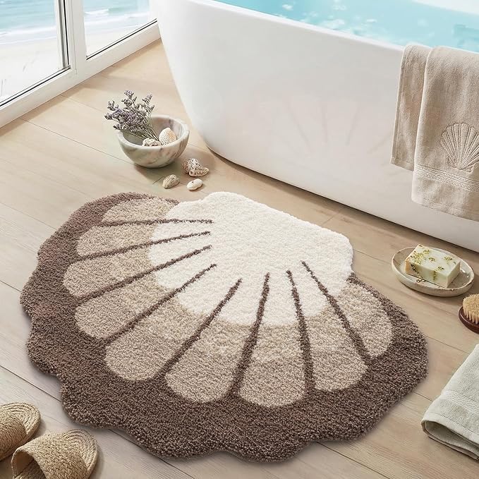 DEXI Cute Seashell Bath Mat, Coastal Scallop Bathroom Rug, 38x30 Beige | Soft and Absorbent Microfiber, Non Slip, Machine Washable Bathmat for Shower Floor, Bedroom, Kids Room, Home Decor