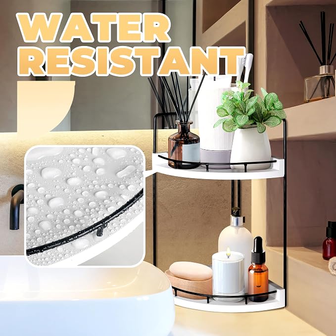 2 Tier Bathroom Counter Organizer, Bathroom Counter Tray and Vanity Organizer, Wood Corner Countertop for Kitchen, Dresser (White)