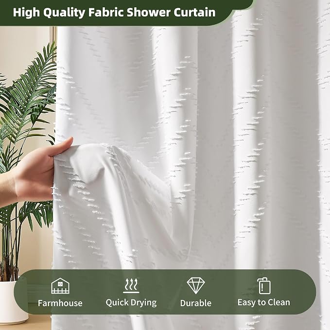 Siiluminisoy Extra Long White Boho Shower Curtain with Tassel, Woven Fabric 80 in Shower Curtain, Tufted Chevron Striped, 72 x 80, Modern Chic Textured Minimalist Bathroom Shower Curtains