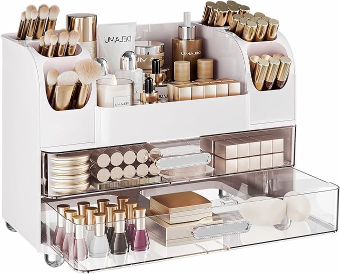 Delamu Large Makeup Organizer Countertop with 6 Brush Holders, White | Vanity Organizer with 2 Drawers, Gift for Women & Girls, Holds Perfume, Skincare, Lipstick, Nail Polish & Hair Accessories