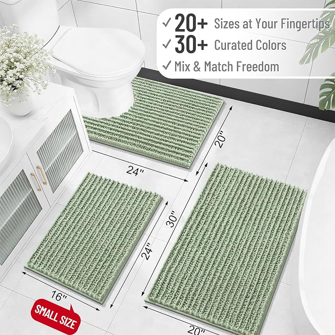 OLANLY Large Bathroom Rugs 70x46, Thick Soft Absorbent Chenille Bath Rugs | Sage Green, Quick-Drying Rubber Backing, Shaggy Bath Mat, Machine Washable for Floor, Tub and Shower, Home Decor Accessories