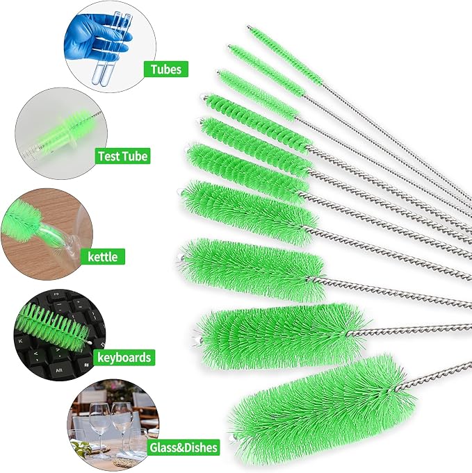 CiaraQ Bottle Cleaning Brushes, 8 Inch Nylon Tube Brush Set | Green Cleaner for Narrow Neck Bottles Cups with Hook, Set of 10pcs.