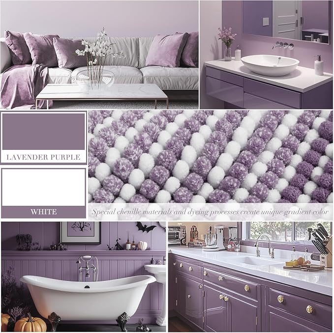 Bathroom Rugs and Mats Sets, 2 Piece Thick Absorbent Chenille Non Slip, Soft Shaggy Floor Mats, Machine Washable (Lavender Purple, 20" x 47" Plus 16" x 24")
