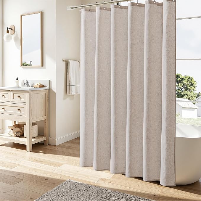 Extra Long Linen Shower Curtain 96 Inch Long for Bathroom Boho Farmhouse Fabric Shower Curtains Set with Hooks Neutral Cloth Modern Cottage Core Waterproof,Birch Beige