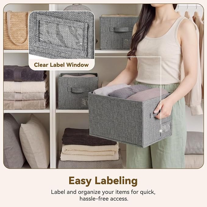 GRANNY SAYS Closet Storage Bins with Label, Dark Gray, Medium, 3-Pack | Storage Basket for Shelves, Closet Clothes Bins with Label Holders, Fabric Storage Bins, Clothes Storage and Organizers