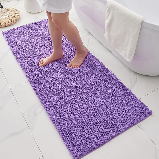 Bathroom Rugs Non Slip Washable 60x24, Extra Thick Soft Chenille Absorbent Bath Mat, High Density Barrier Non Slip Backing, Quick Dry Plush Shaggy Floor Carpet for Tub&Shower, Purple