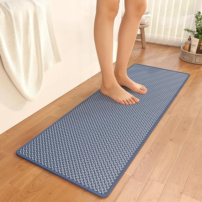 Bathroom Runner Non Slip, Foam Weave Texture Bath Mat, Blue 20x59 | Quick Dry, Rubber Backing, Long Absorbent Washable Bathroom Mats Fit Under Door for Bathroom Floor, Bathtub, Outside Shower